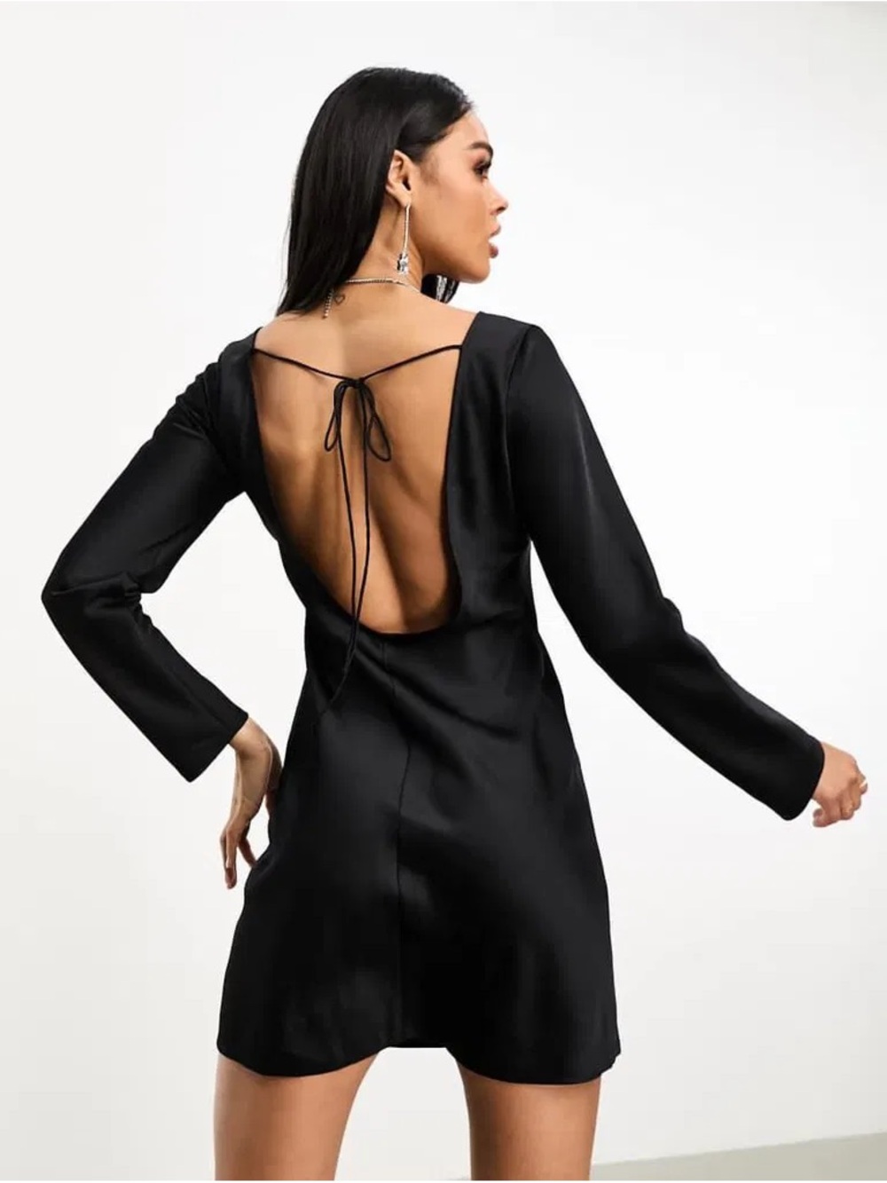 NWT ABERCROMBIE AND FITCH Satin Open-Back Long-Sleeve Mini Dress Delicate Tie